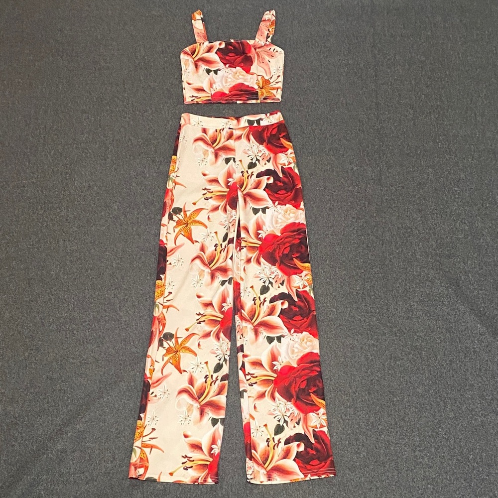 Floral Pink & Red Wide-Leg Jumpsuit Set